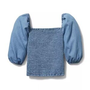 NWOT- JANIE & JACK Girls Chambray Smocked Puff Sleeve Top